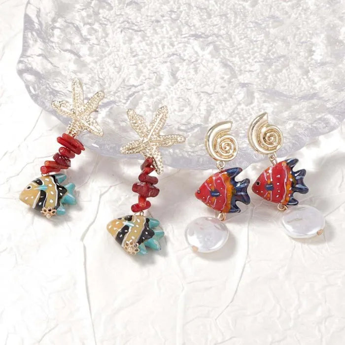 2025 New Alloy Sea bead Star Conch Starfish Colored Fish Long Earrings Jewelry