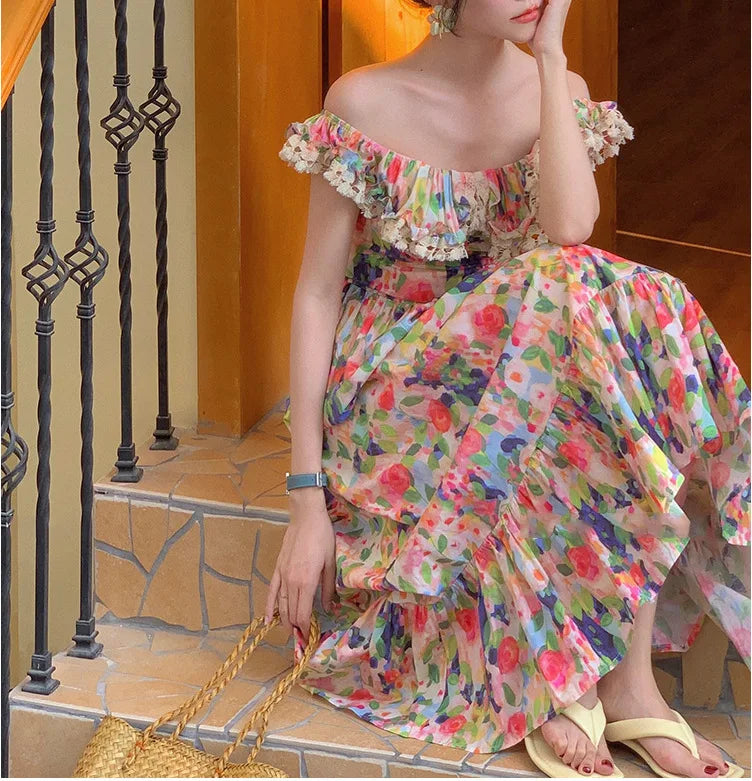 Summer Women's French Off Shoulder Tea Break Dress Off Shoulder Oil Painting Print Dress