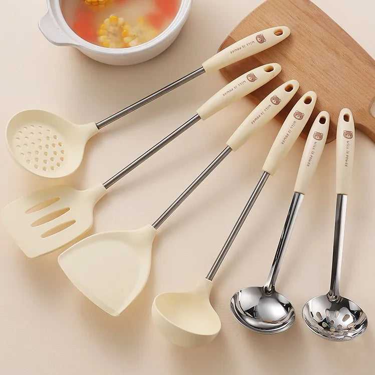 Hot Selling Products 2025 Cartoon Silicone Spatula Set Stainless Steel Cooking Tools Set for Non Stick Pan Kitchen Accessories
