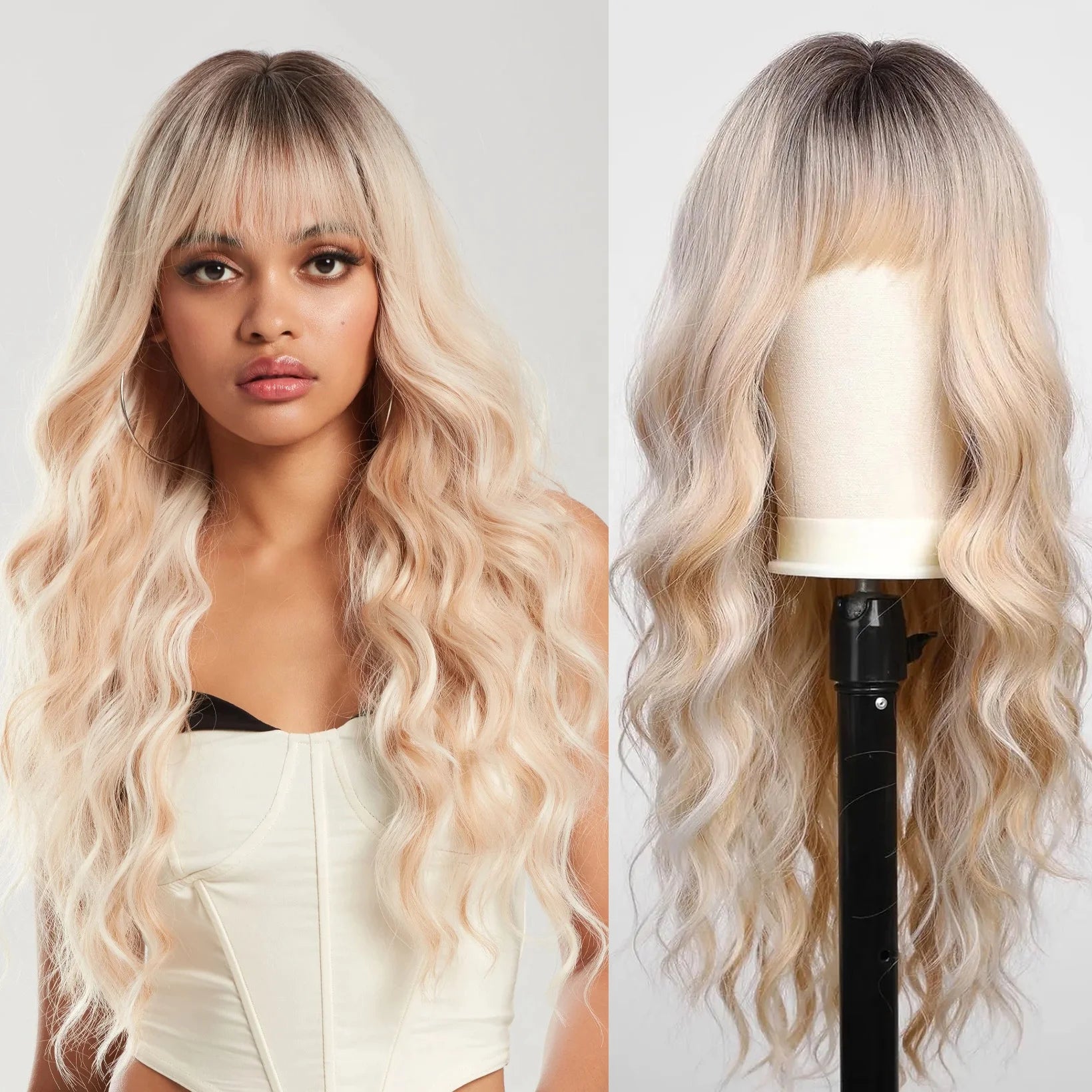 MOQ1 Blonde Highlight Long Curly Wigs Synthetic Wavy Wig with Bangs Ombre Natural Daily Hair for Women Heat Resistant Hair Use