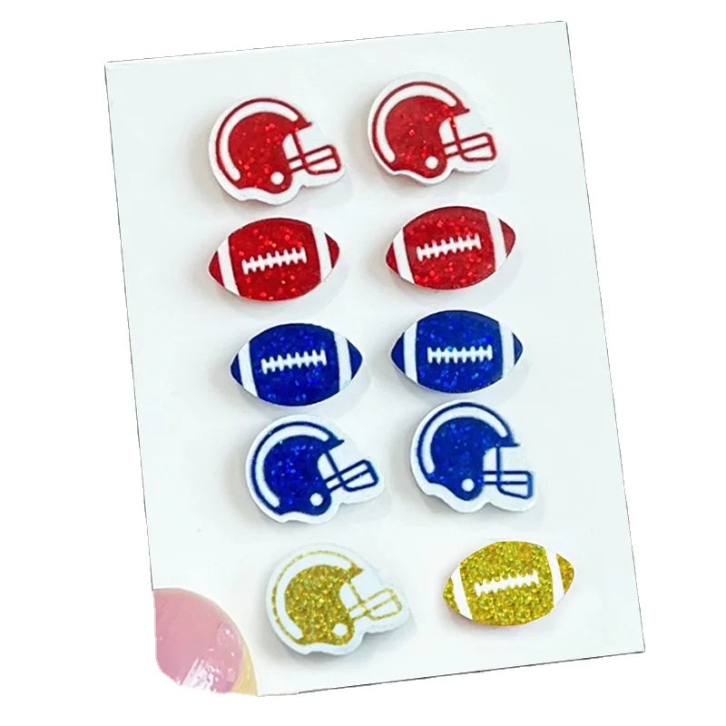 Trendy Red & Blue Football Glitter Sport Acrylic Stud Earrings  for Sports Lovers and Game Day Friendship Gifts