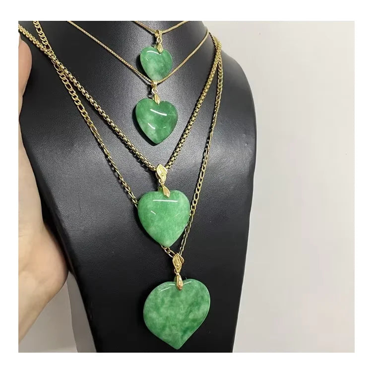 Jialin Jewelry Solid Jade Heart Necklace New Fashion Gold Plated Green Real Natural Jade Heart Pendants pink Necklace