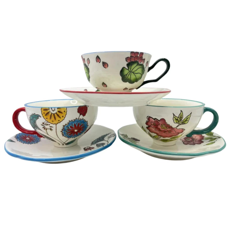Wholesale 280ml Chinese Style Flower Ceramic Coffee Mugs & Tea Cups Set with Plate Customizable Eco-Friendly Gift