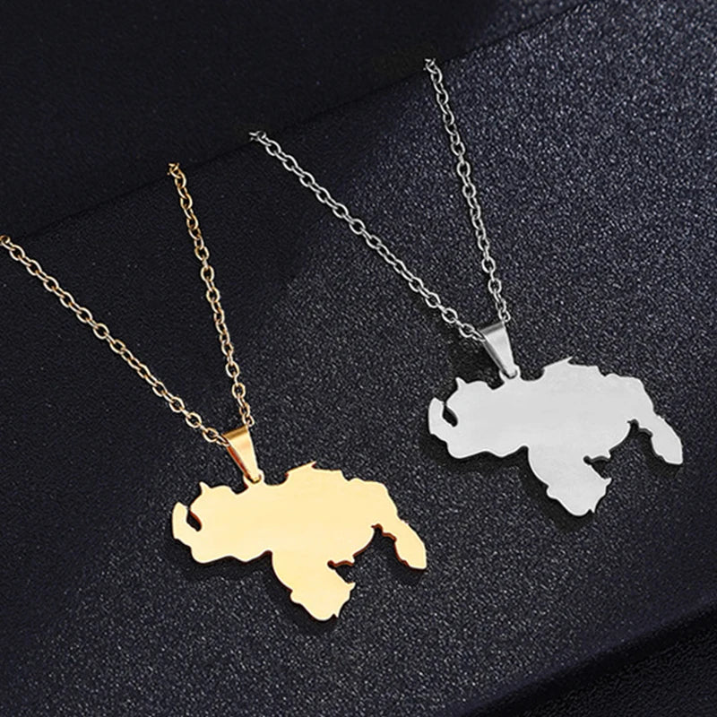 Stainless Steel Silver 18K Gold Rose Gold Plated Venezuela Map Pendant Chain Necklace for Men and Women Venezuelan Necklace