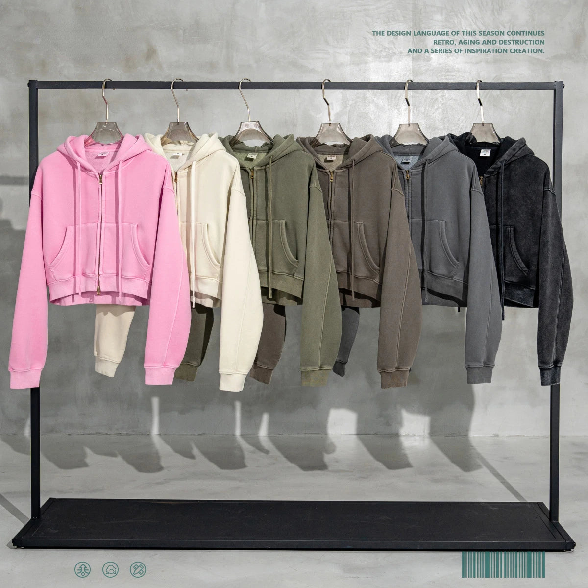 SHINBENE Leisure Acid Wash Polar Fleece Pullover Casual Jacket Two Ways Full Zip Crop Hoodies With Pocket