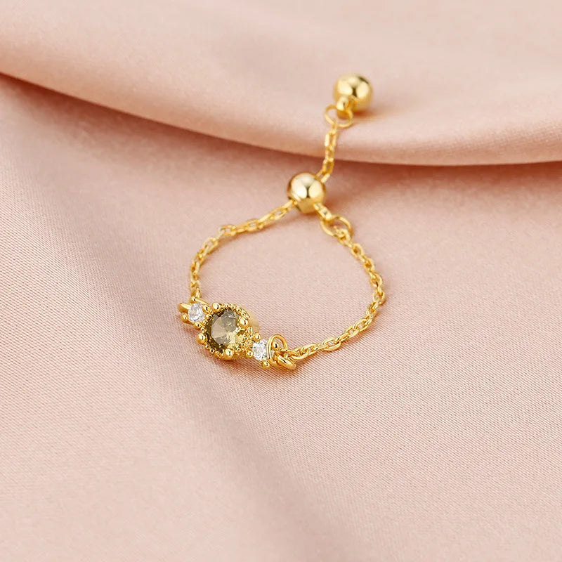 Creative Brass Gold Plated Chain Zircon Ring Personality Jewelry for Women Chain Ring Peridot Chain Adjustable Soft Ring