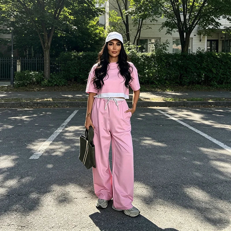 Custom Logo Women Summer Round Neck Color Patchwork Short Sleeved Top and Pants Suits Two Piece Pants Set Tracksuit