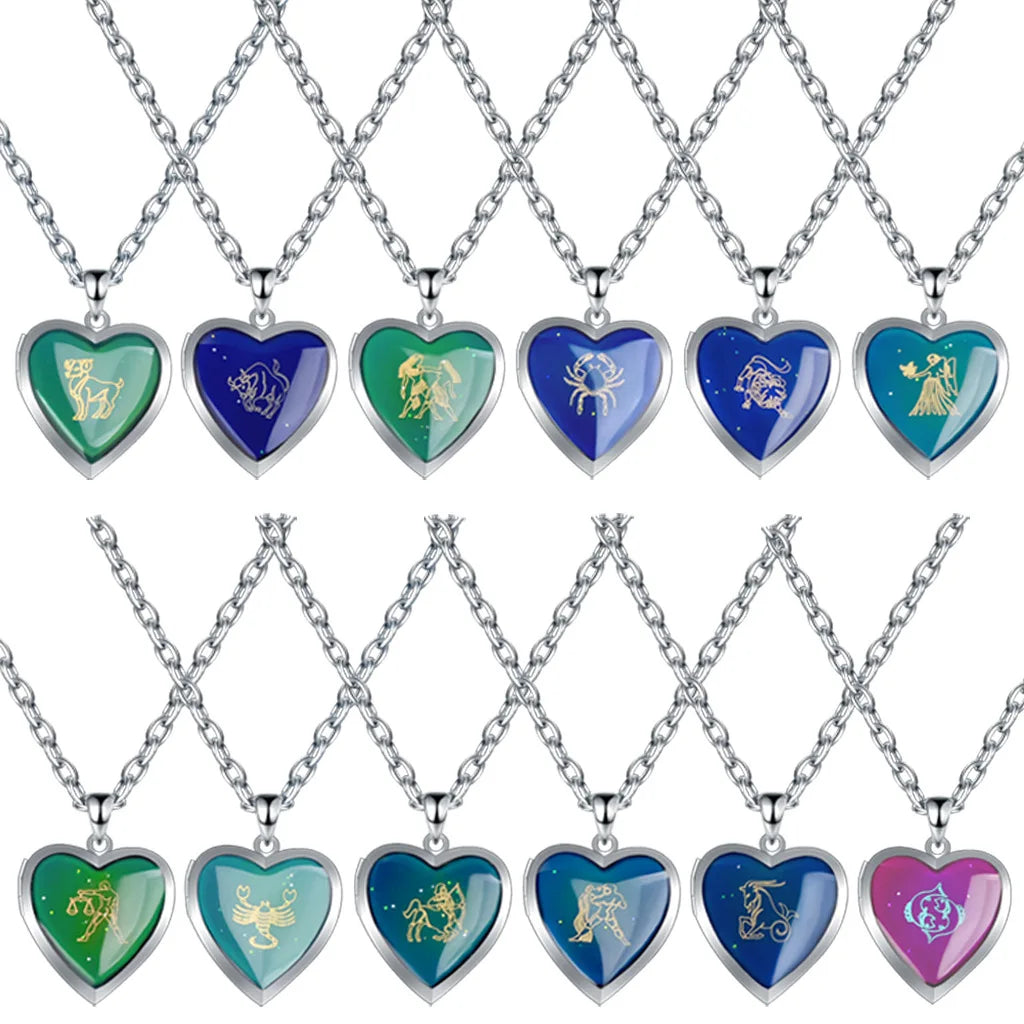 Stainless Steel O Chain Necklace Temperature Sensitive Color Changing Necklace 12 Star Sign Enamel Heart Pendant Necklace