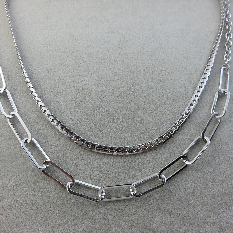 Minimalist Stainless Steel Double Layered Flat Chain Necklace Hip Hop Paperclip Chain Necklace
