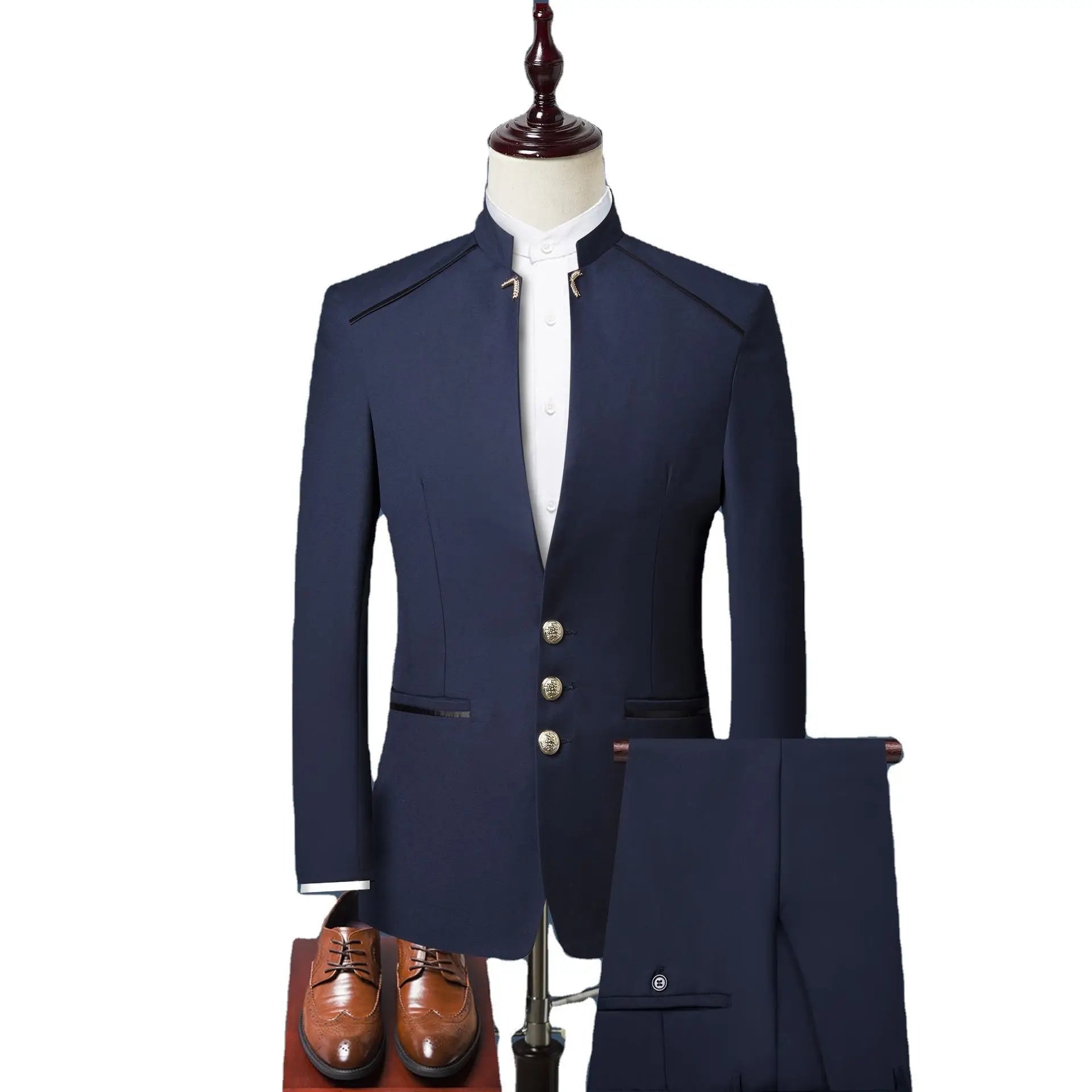 Men's Business Suit 3PCS Mandarin Collar Costume Dress Coat Wedding Party Groom Wear Men Tuxedos