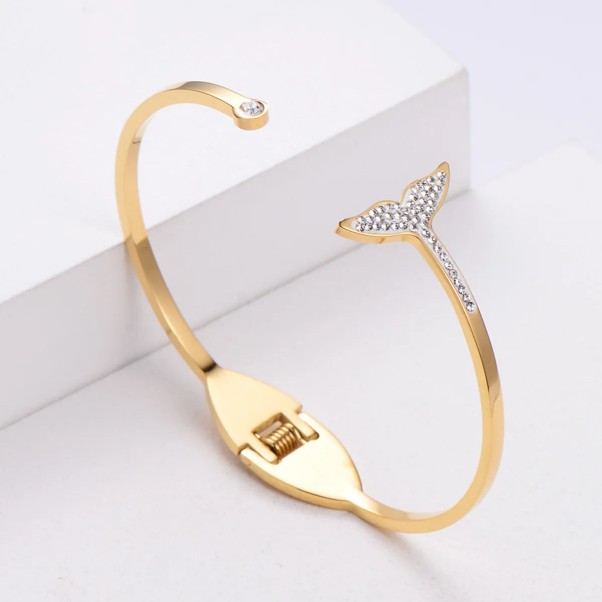 Fashion Jewelry Wholesale Women Accessories Whale Tale Rhinestone Silver Cuff Bangle Bracelet Stainless Steel