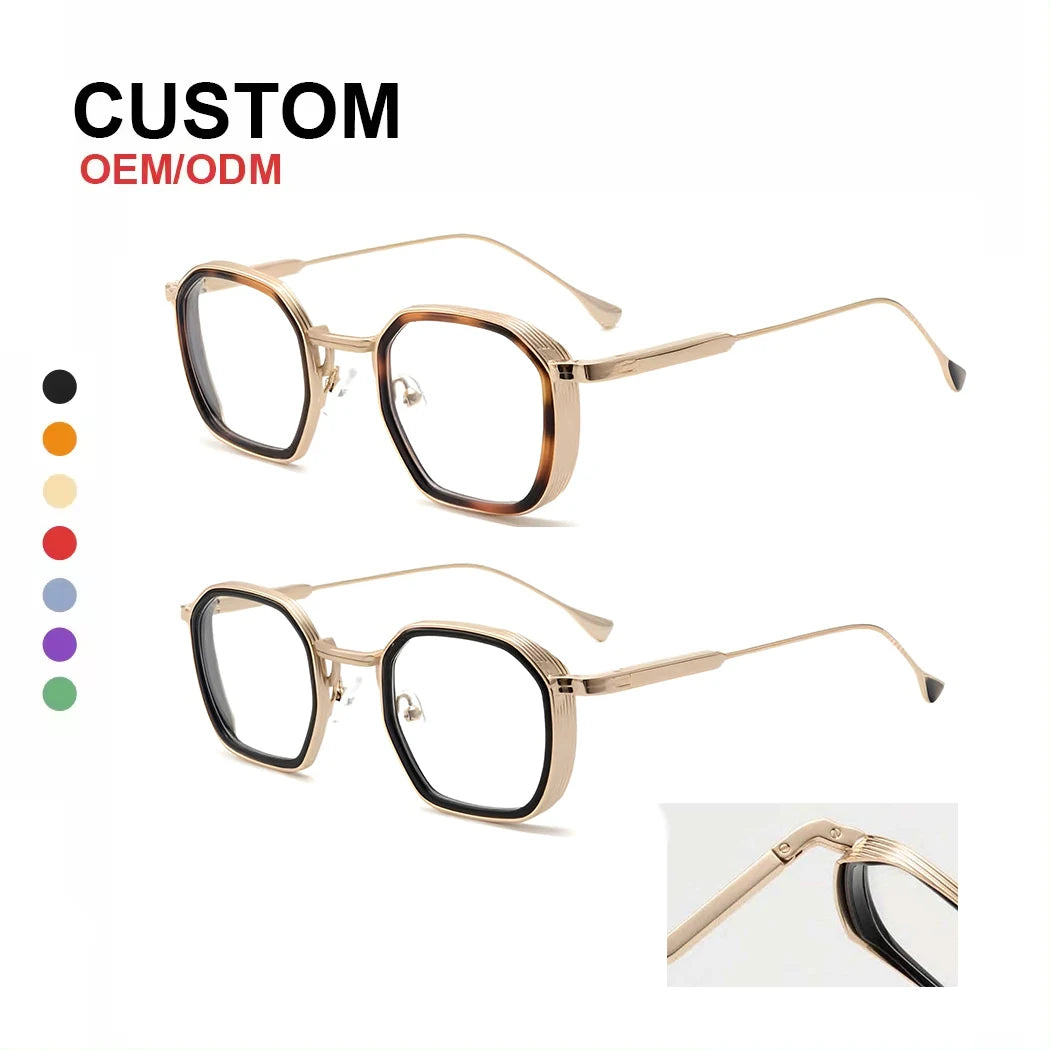 Finewell Vintage Acetate Metal Frames Eyeglasses Classic Retro Custom Logo Square Optical Eyewear Blue Light Blocking Glasses
