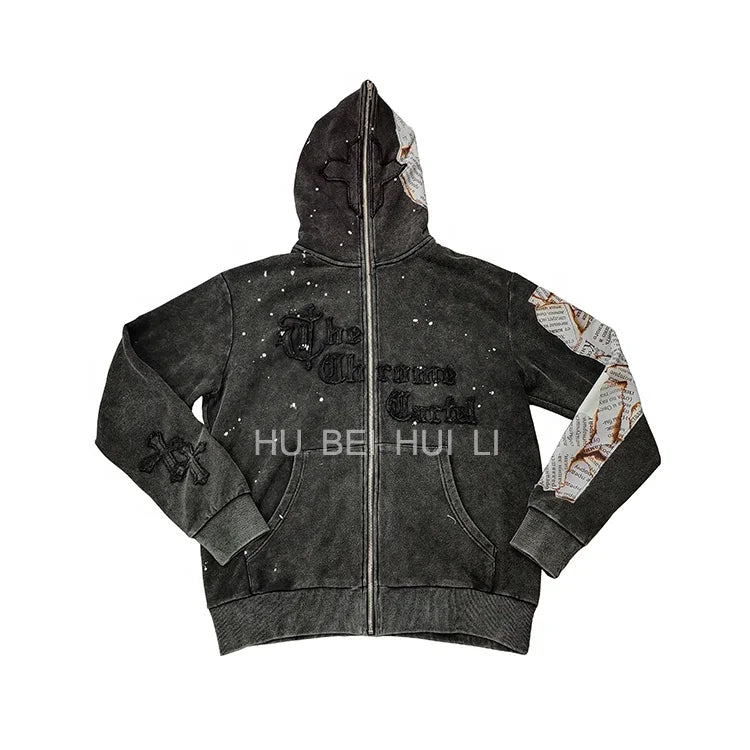 Hui Li Zip up Hoodie  Fashion Street Wear Distressed Vintage Wash Hoodies Full Face Zip Custom Applique Embroidery Hoodie Men