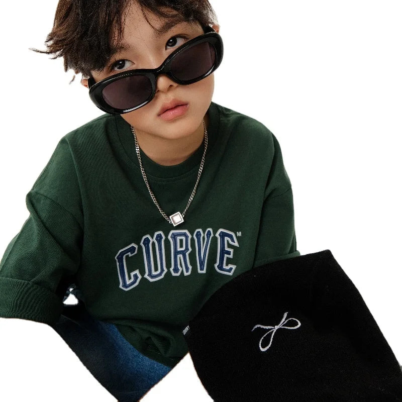 Hip Hop Fashion Boys Top T-Shirt Casual Style 100% Cotton Summer Heavyweight Short Sleeved Letter Printed Children's Clothing