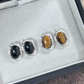 925 Sterling Silver Vintage Black Agate tiger Eye Stud Earrings for Women