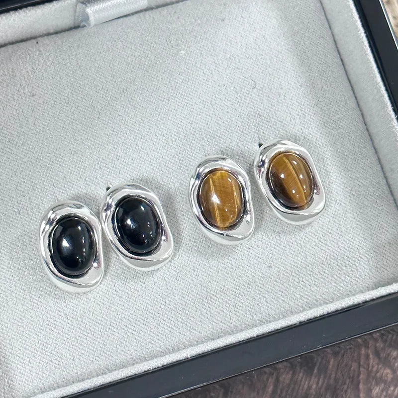 925 Sterling Silver Vintage Black Agate tiger Eye Stud Earrings for Women