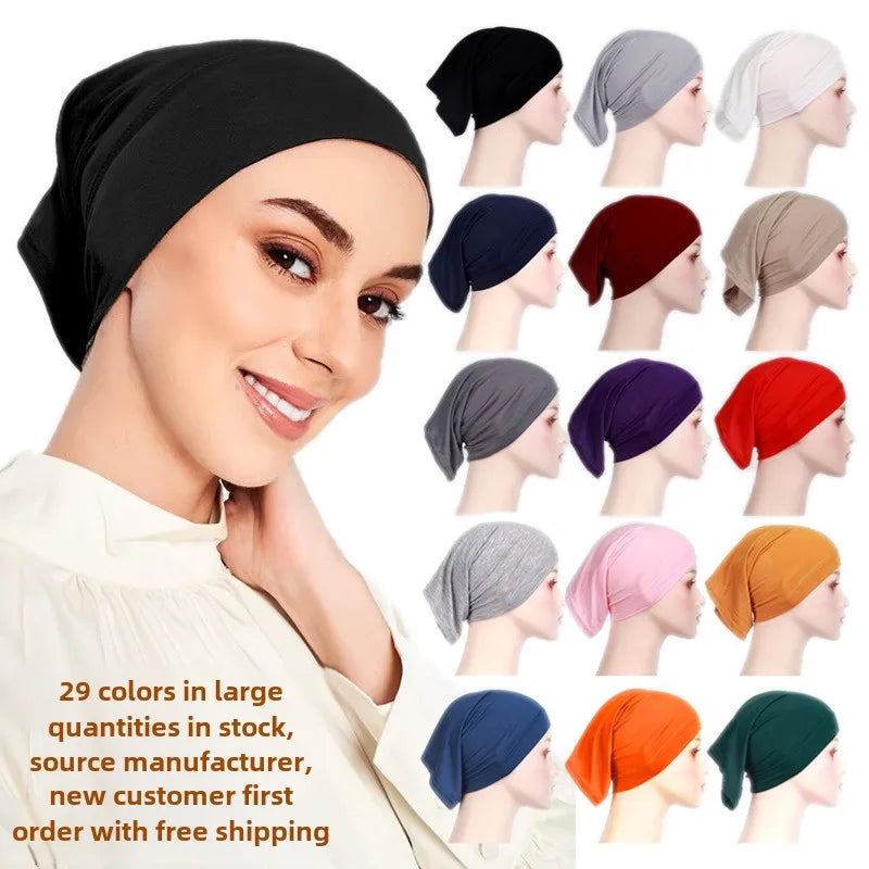 PROMISTAR Monochrome Modal Bottom Hat Cap Elastic Mercerized Cotton Scarf Soft Ethnic Inner Cap for Muslim Hijab Top Hat