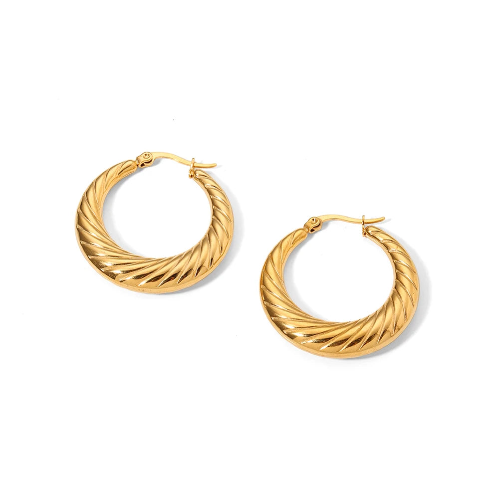 33MM Big Size 18K Titanium Steel Minimalist Advanced Textured Geometric Circle Shape Hoop Earrings for Women