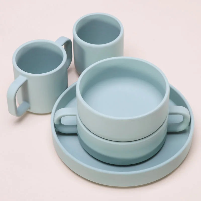 Wholesale 5-pack Eco Friendly BPA Free Spill Proof Training Food Grade Silicone Modern Baby Drinking Cup Spoons Plates Bowl Gift