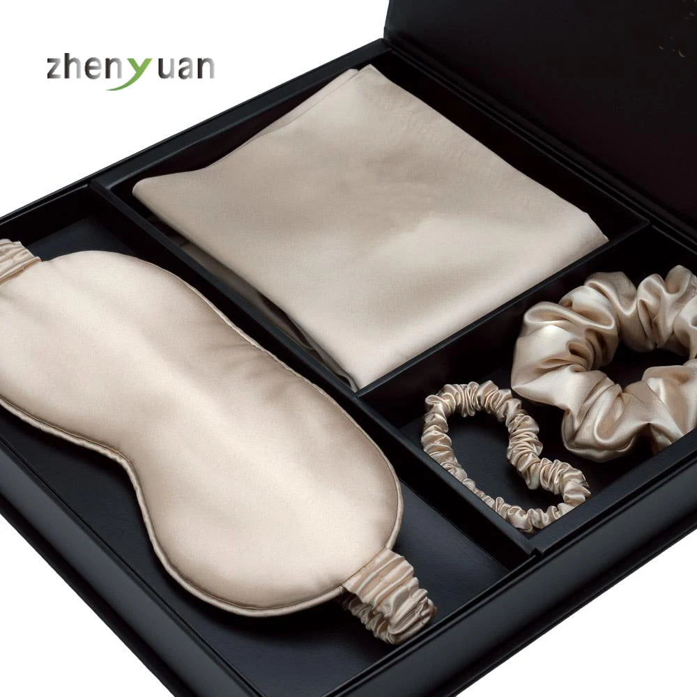 Custom Gift Box Pure Silk Eye Mask Scrunchie and Silk Pillowcase 3 Pieces Satin 100% Mulberry Silk Pillow case Set