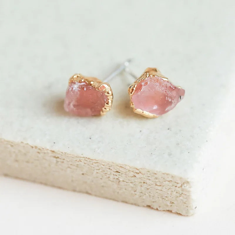 Raw Quartz with Rose Quartz and Amethyst Stainless Steel Post Earring Stud Gemstone Minimalist Stud Earrings