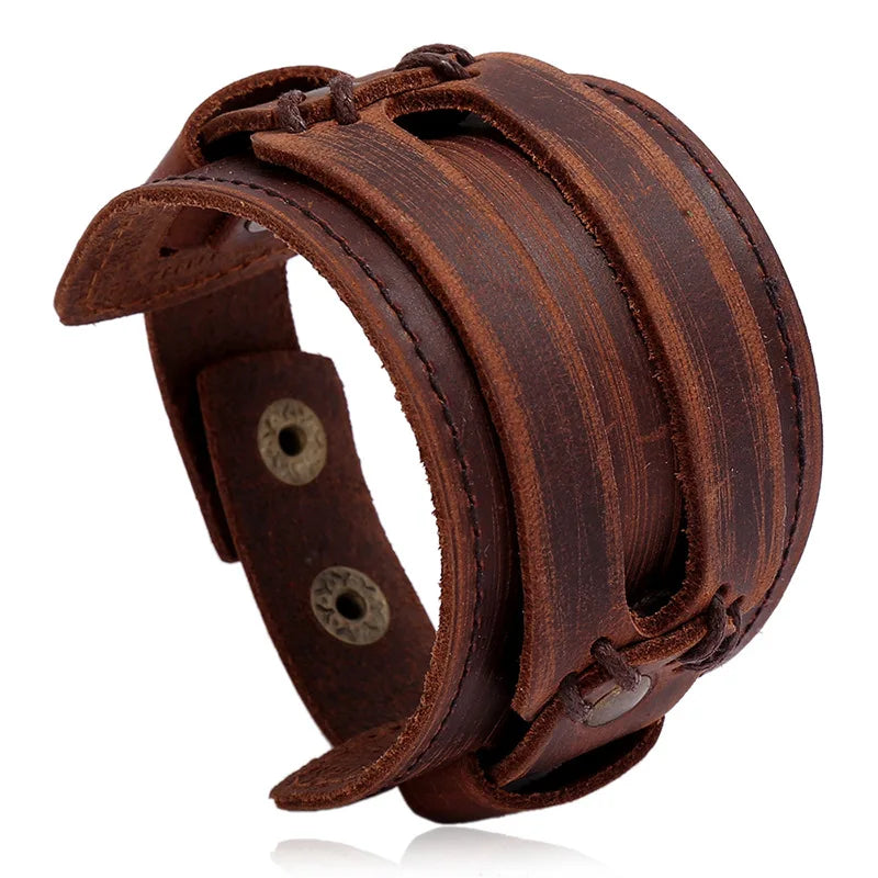 Luxury Punk Gothic Style Mens Male Minimalist Wrap Genuine Real Leather Bracelet Jewelry