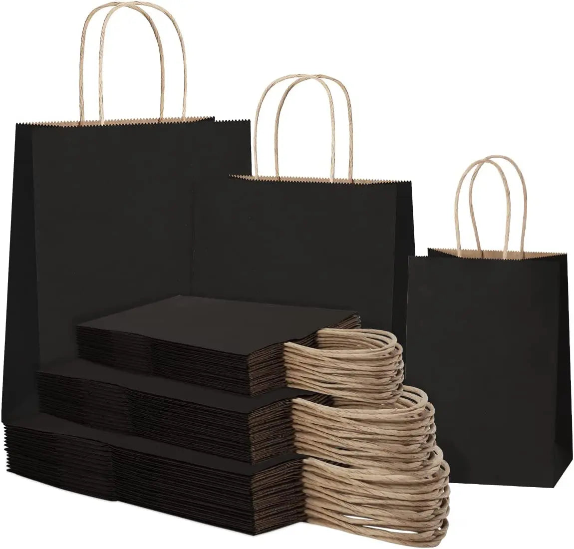 100% Recyclable Eco-friendly Flat Handle Takeaway Carry Black Brown Kraft Paper Wholesale Kraft Food Packing Bag