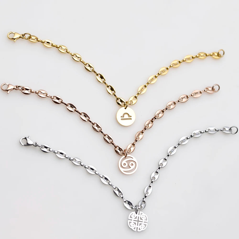 Zodiac Bracelets Coffee Bean Link Chain 18k Gold Jewelry Zodiac Bracelet Gold Inoxydable Bijoux Collier Femme Joyas De Acero
