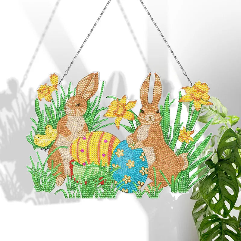 DIY Diamond Painting Wind Chime Cartoon Animal Rabbit Eggs Acrylic Pendants Wreath Home Garden Art Wall Party Decor Gift