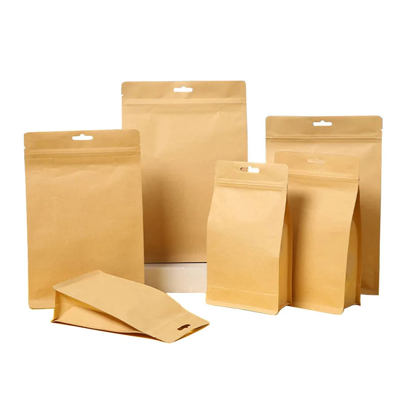 Wholesale Biodegradable Compostable Kraft Paper Pouch Reusable Coffee Bean Tea Snack Nut Food Packaging for Pizza and Sugar