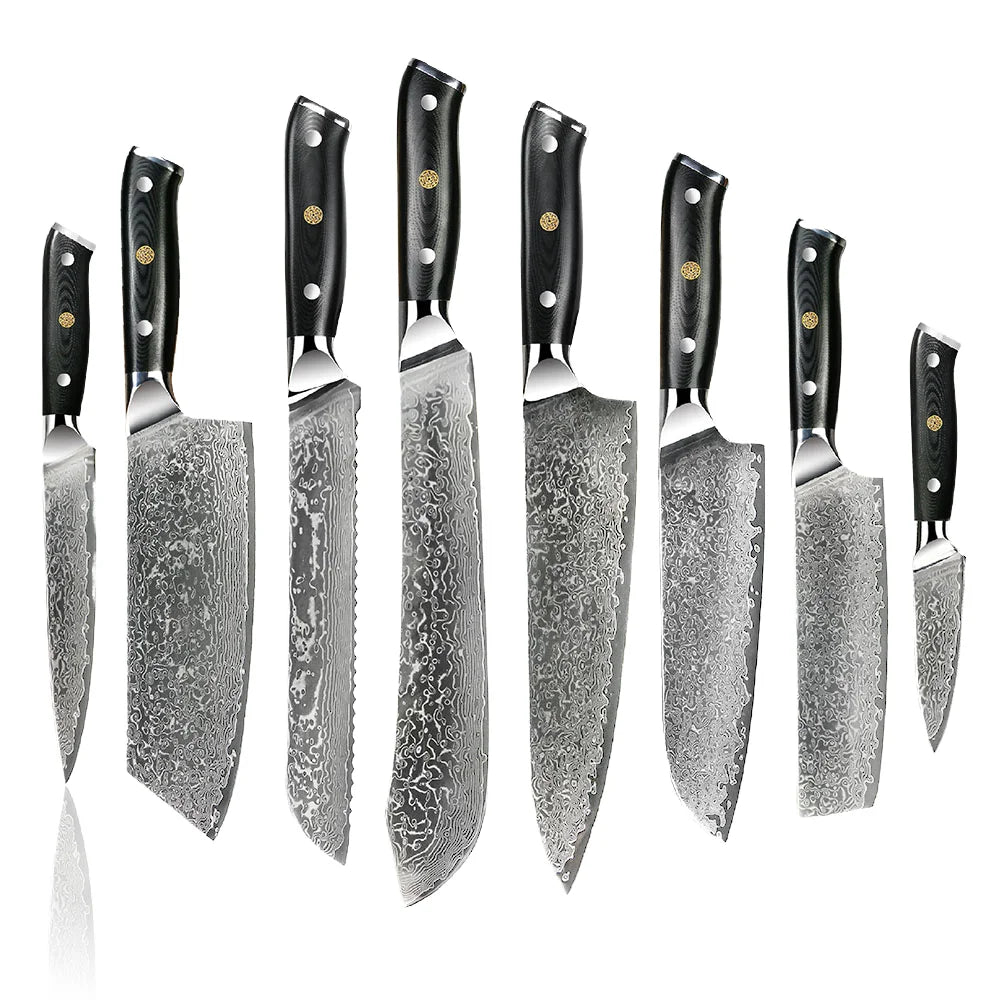 Factory Low MOQ Kitchen Knife Set with Black Damascus G10 Handle Chef Santoku Fruit Kiritsuke Nakiri Boning Steak Utility Knife