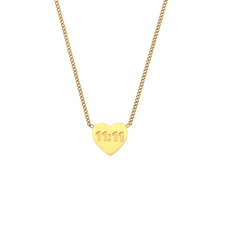 Dainty Engraved Angel Number 11:11 Heart Pendant Necklace Fashion Jewelry 18k Gold Plated Stainless Steel Chain Necklace Women