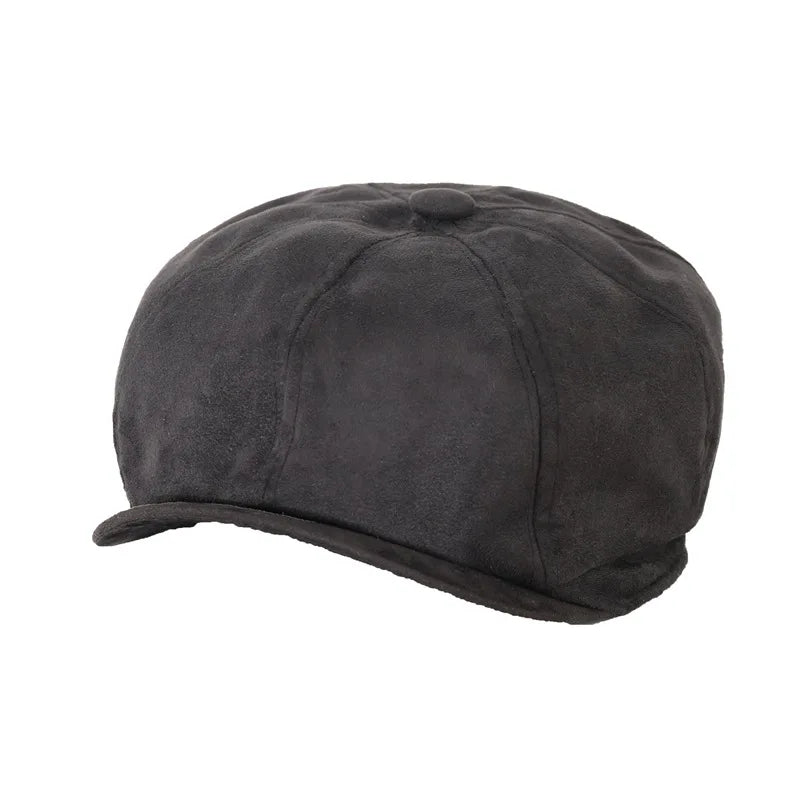 Men's Simple Suede Beret Soft Ivy Cap Newsboy Gatsby Flat Driving Hat Black Suede Hat