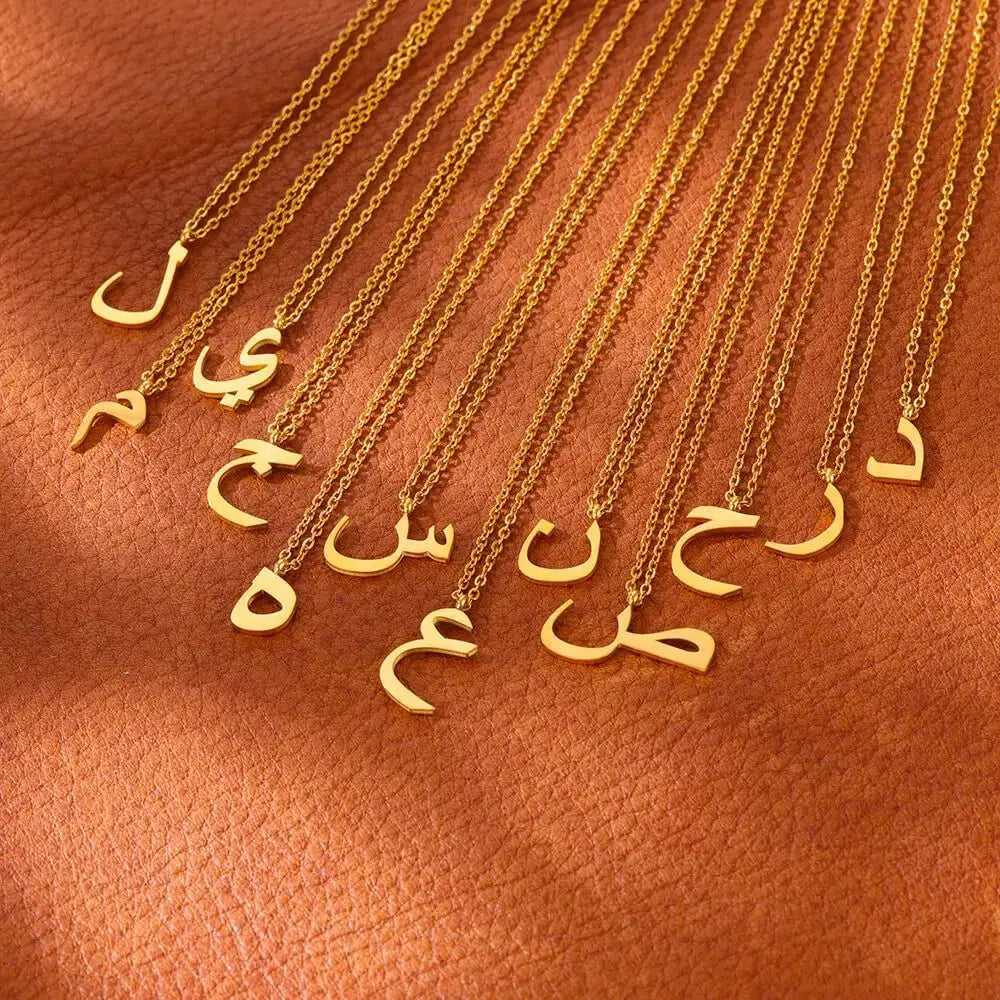 NS1395 Alphabet Initial Charm Pendant Necklaces Stainless Steel Link Chain Necklace with Arab Letters Charm