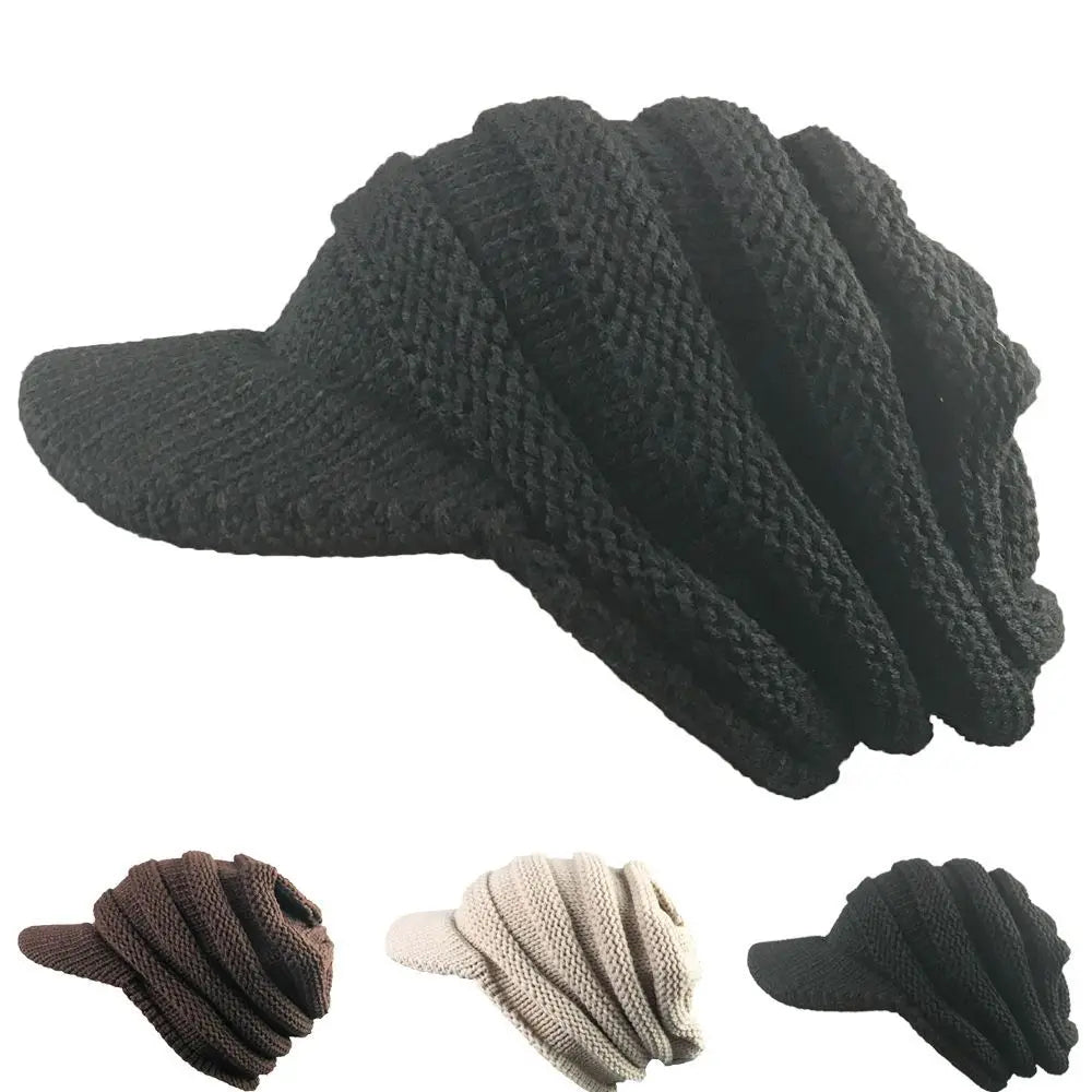 Wholesale Men's Thick Fleece Knitted Visor Hat Winter Beanie Dot Bow Camouflage Plaid Brim for Beach Business Casual Wear