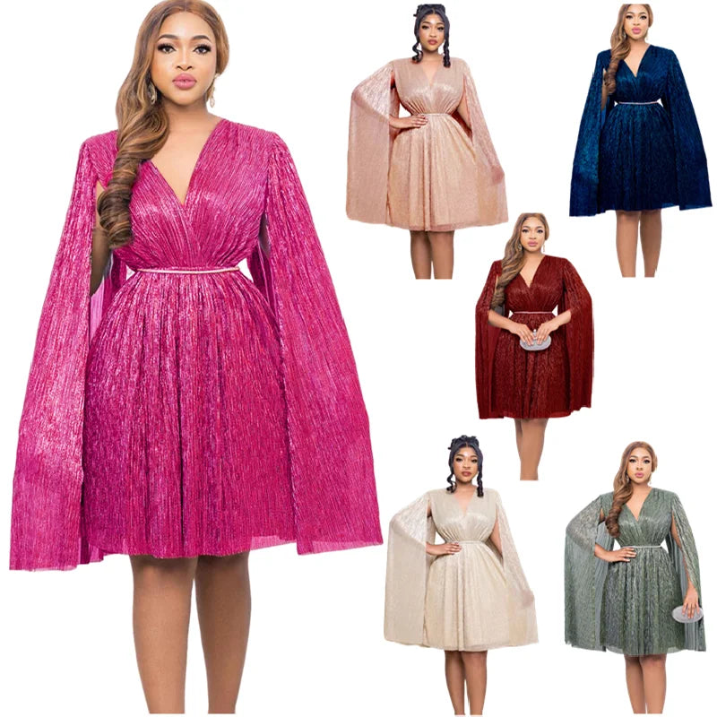 C8543 Latest Design Formal Dress for Women V-Neck Long Cloak Sleeve Waist Close Party Dresses Women Prom Dress With Belt