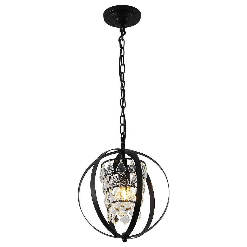 E26 Bulb Black Global Crystal Orb-Chandelier Pendant Light With Hanging Chain