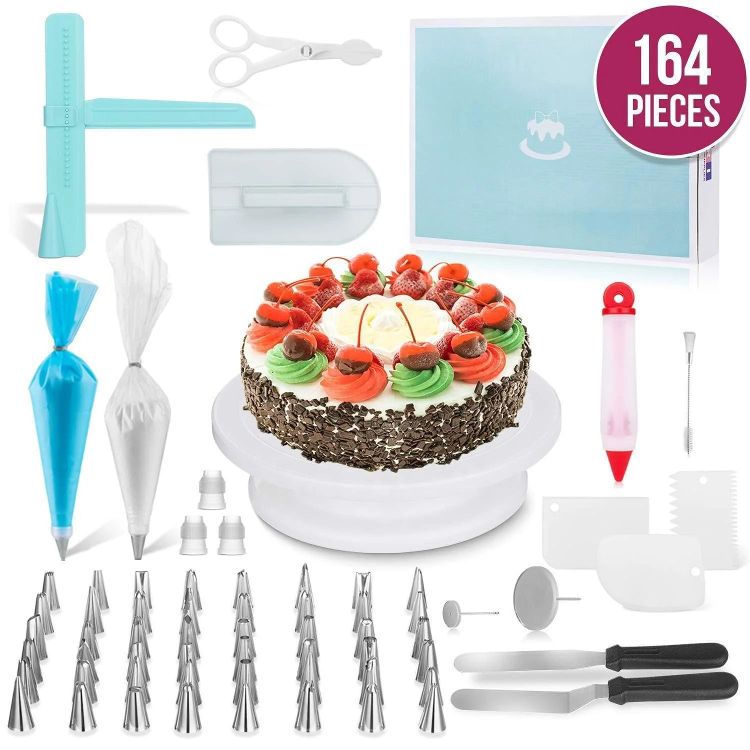 Multifunctional 8cm Cream Cake Baking Tools 164 Pcs Stainless Steel TPU Decorating Mouth Set with Turntable Cupcake Decorating
