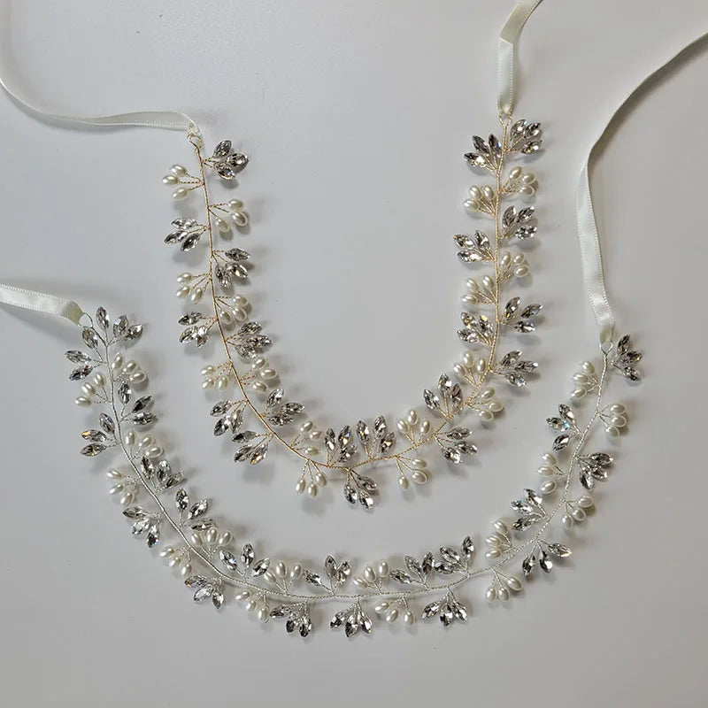 SLBRIDAL Handmade Rhinestones Crystal Pearls Floral Leaf Bridal Wedding Tiara Headband Headpieces Women Jeweley Hair Accessories