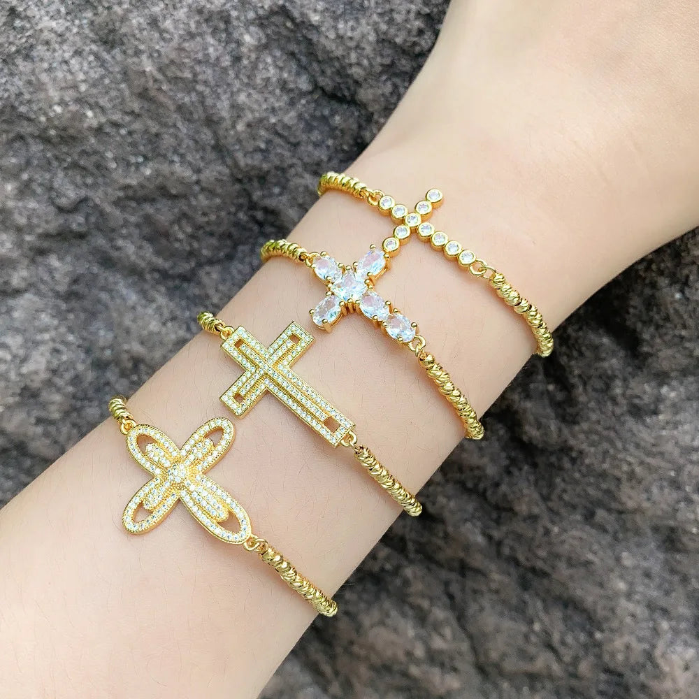 Newest Adjustable Gold Plated Crystal Cross Beaded Bracelet Zircon CZ Cross Charm Bracelet Women