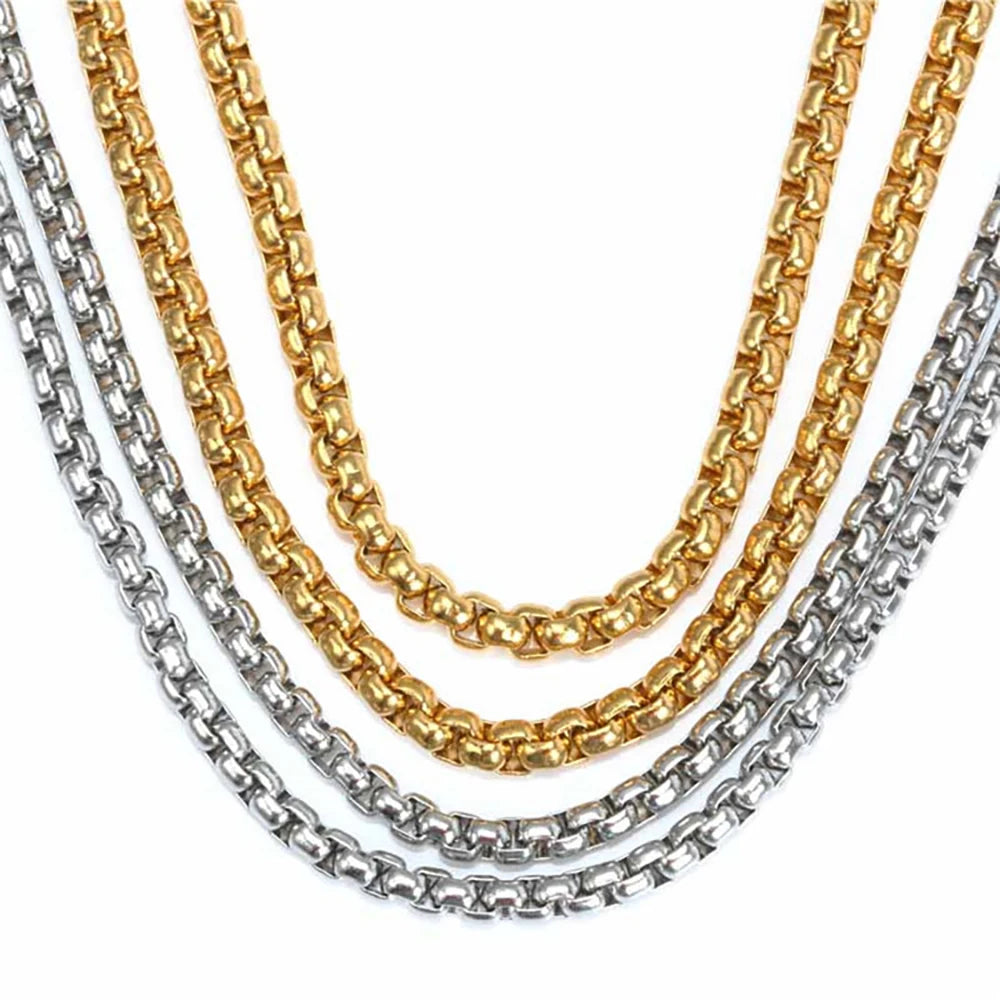 Hip Hop Accessories Neck Jewelry Gold Plated Stainless Steel Square Pearl Box Chain Necklace for Men Women