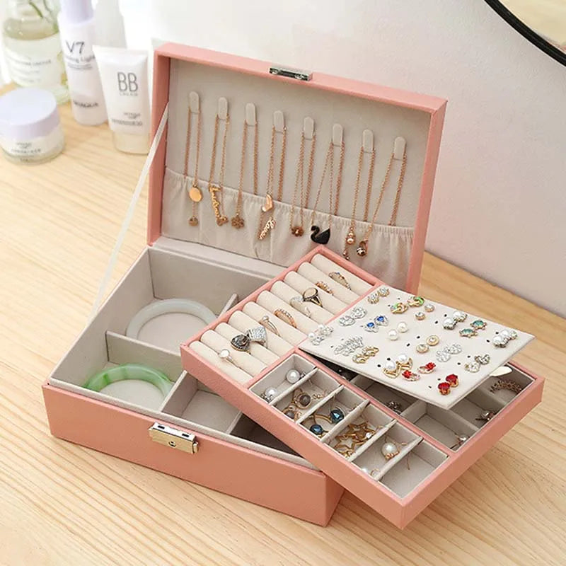 Women Girls Valentines Day Gifts Earrings Necklace Storage Box Jewelry Organizer 2 Layer Pu Jewelry Box Organizer With Lock Key