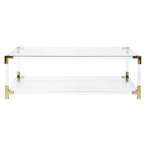 Modern Double Layer Rectangular Tea/Coffee Table Gold Stainless Steel Base Acrylic Handmade Decorative Tempered Glass Durable