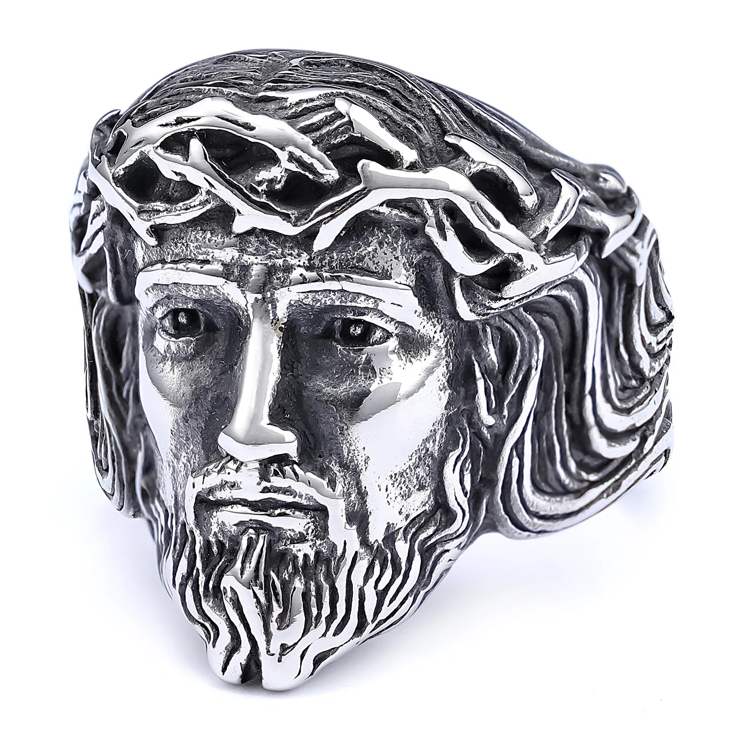 Men Vintage Stainless Steel Christian Hiphop Jewelry Gold Face of Jesus Figure Rings