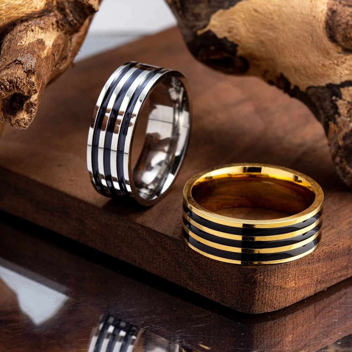 Fashion 8mm Width 3 Lines Black Color Rings Jewelry for Gifts Gold Plated Oil Drop Titanium Steel Finger Rings for Women Men