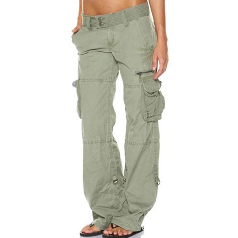 Women Cargo Long Pants Cotton Pockets Europe Straight Wide Leg Pants Fashion Multi-pocket Retro Trousers Casual Cargo Pants