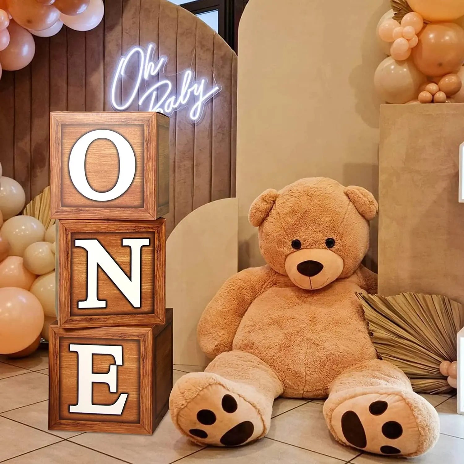 Wood Grain Baby Balloon Boxes First Birthday Party Decorations for Boys and Girls for Baby Shower and 1st Birthday Parties