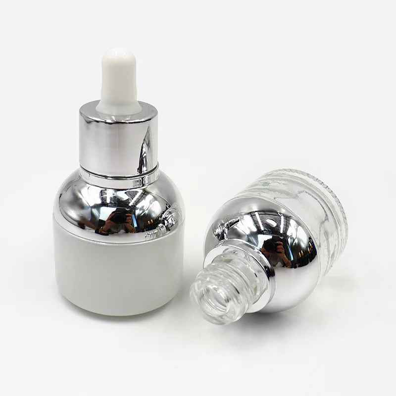 Empty Face Oil Glass Dropper Bottles With Plating Gold Silver Collar 20ml 30ml Round Serum White Bulb Dropper Bottle