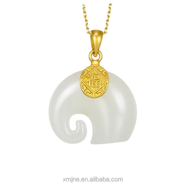 Certified Ancient Silver 925 Silver and White Jade Elephant Pendant Natural Hetian Jade Pendant Necklace Female