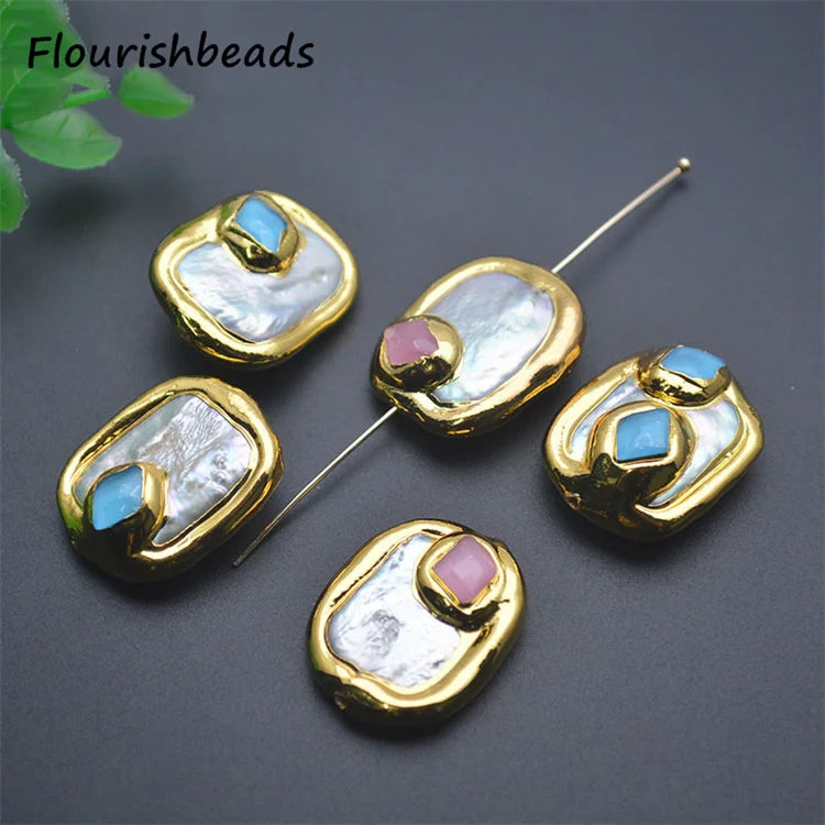 Vintage Jewelry Gold Plated Metal Copper Irregular Rectangle Shape Synthetic Colorful Stone Natural Freshwater Pearl Loose Beads